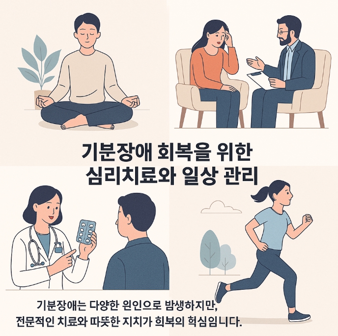 기분장애를 극복하기 위한 다양한 치료와 상담 장면을 담은 평면 일러스트