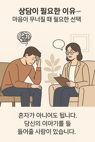 상담이 필요한 이유를 설명하는 일러스트 – 혼자 고민하는 사람과 상담사의 따뜻한 대화 장면